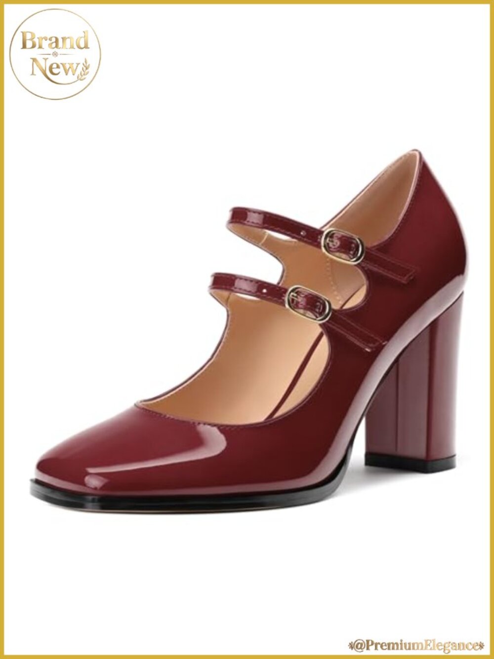Mary Jane High Heel Chunky Square Toe Pump with Patent and PU Leather